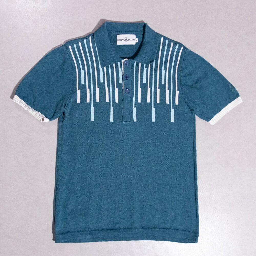 MADCAP England Luxury Knit Sweater Polo Shirt Men's Medium Retro Blue 70s 80s